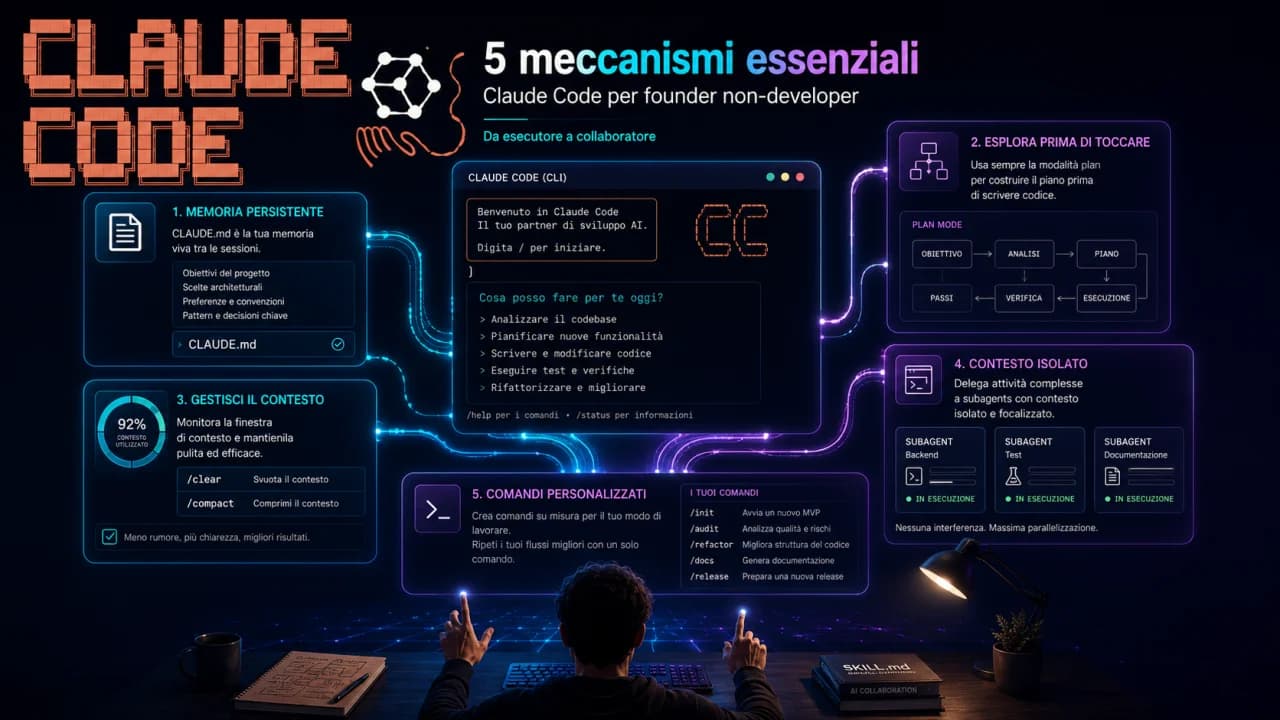 Claude Code per founder non-developer: i 5 meccanismi essenziali — CLAUDE.md, plan mode, clear e compact, subagents, skills — per costruire un MVP senza sprecare sessioni