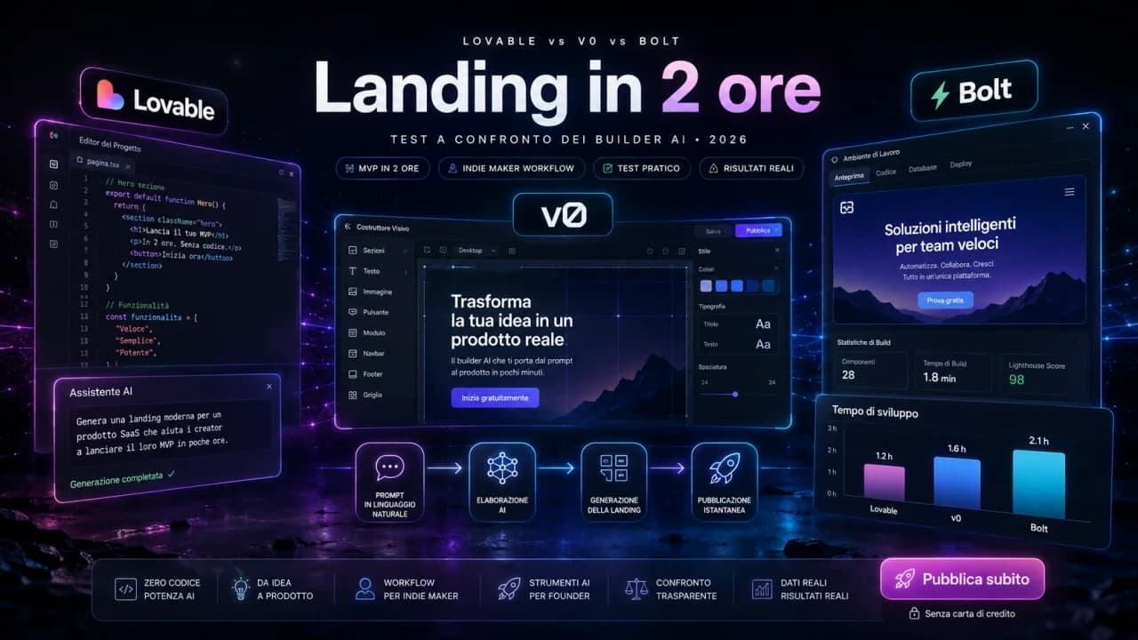 Landing MVP in 2 ore: confronto v0 Lovable Bolt per builder italiani con prompt AI che generano pagine web pronte