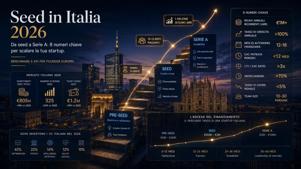 Seed round Italia 2026: scala di milestone da pre-seed a Series A con benchmark ARR e runway su skyline Milano